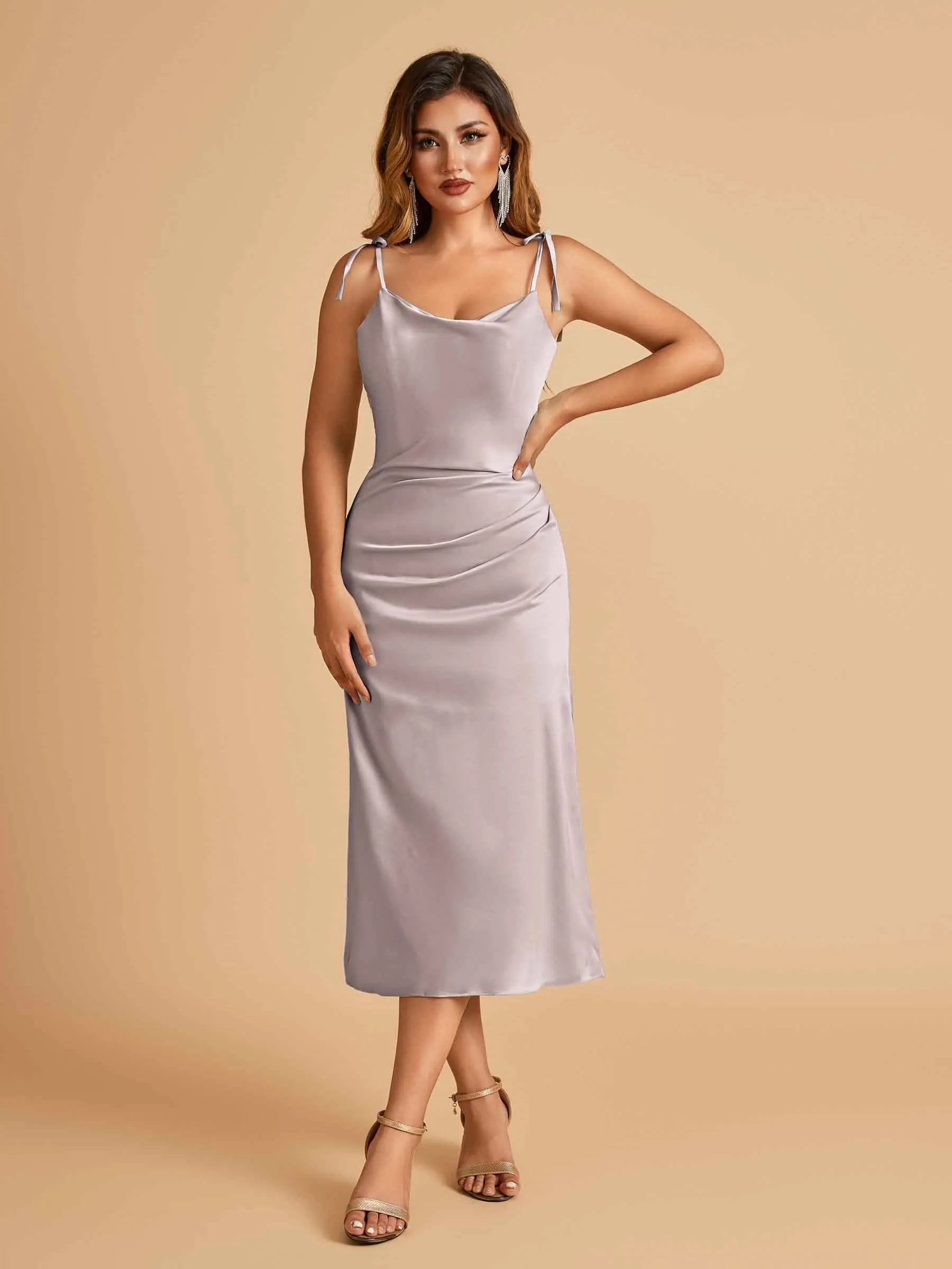 Sexy Satin Midi Prom Dresses Spaghetti Straps Slip Scoop Side Slit