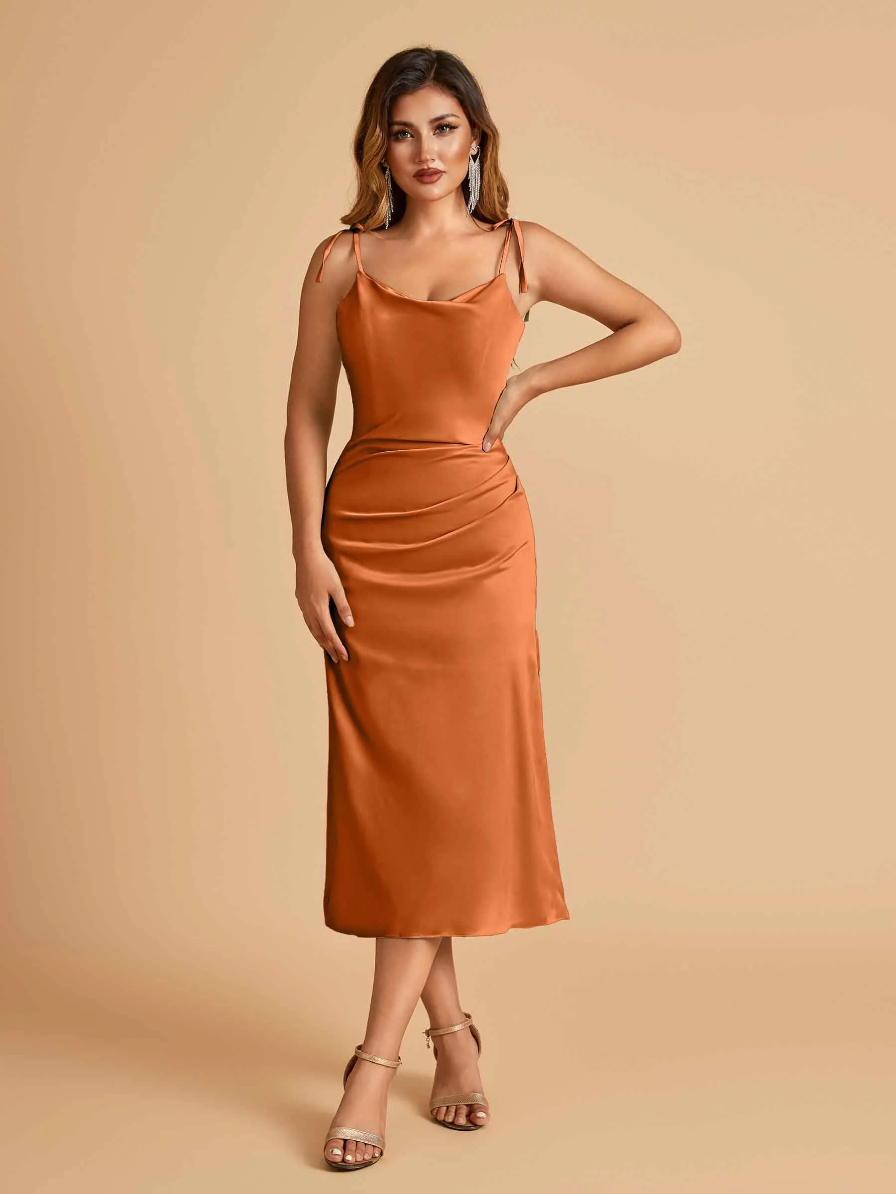 Sexy Satin Midi Prom Dresses Spaghetti Straps Slip Scoop Side Slit