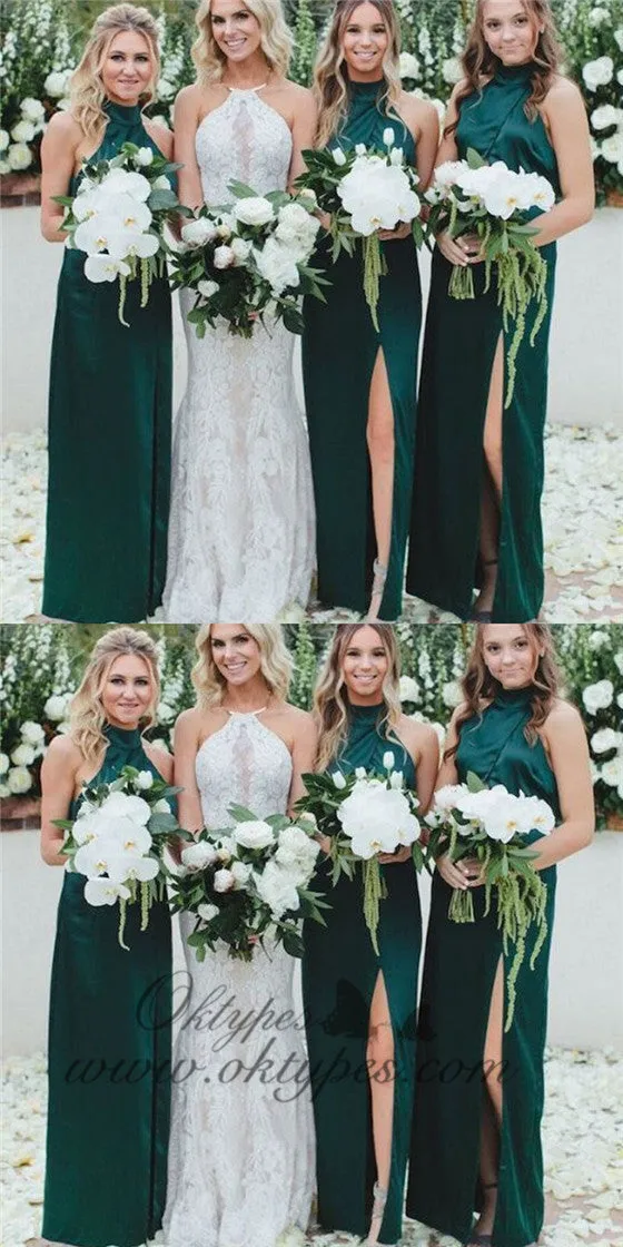 Sheath High Neck Long Cheap Dark Green Bridesmaid Dresses with Split, TYP1367