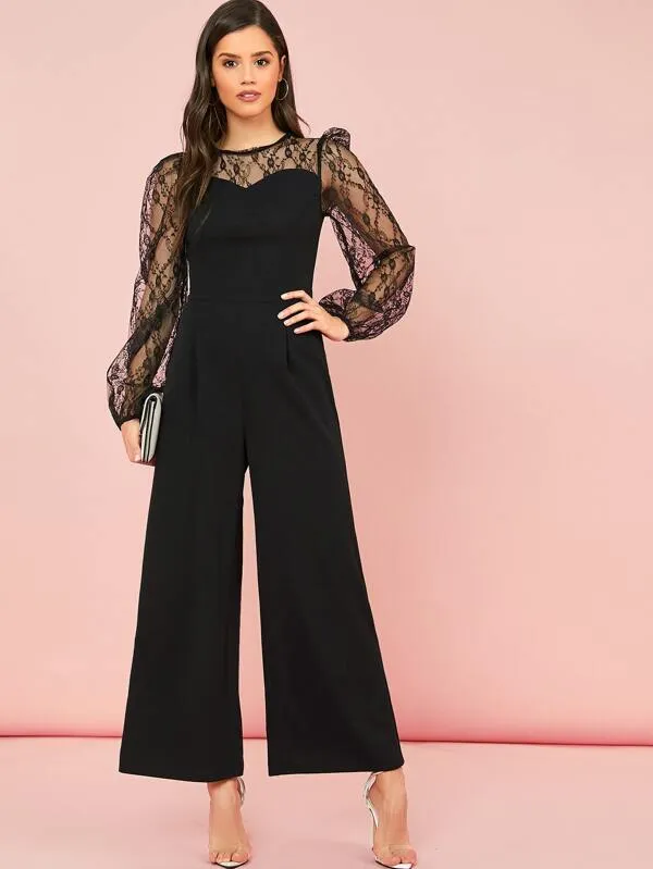 Sheer Lace Detail Lantern Sleeve Palazzo Jumpsuit( Clearance sale)