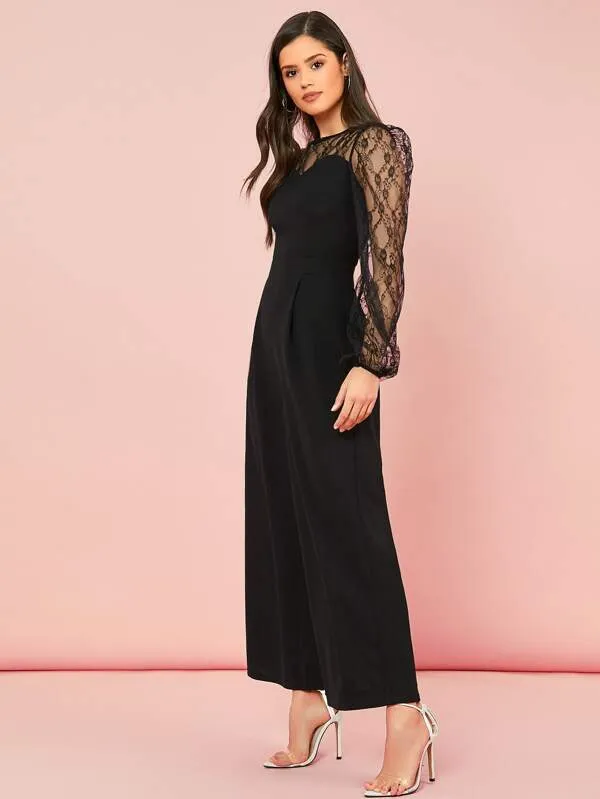Sheer Lace Detail Lantern Sleeve Palazzo Jumpsuit( Clearance sale)
