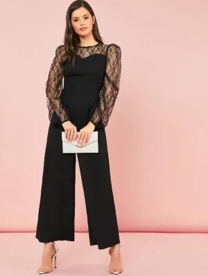Sheer Lace Detail Lantern Sleeve Palazzo Jumpsuit( Clearance sale)