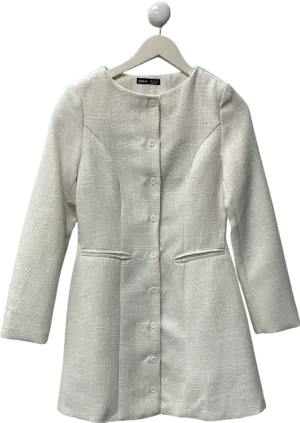 SHEIN White Round Neck Button Closure Long Sleeve Short Dress UK S