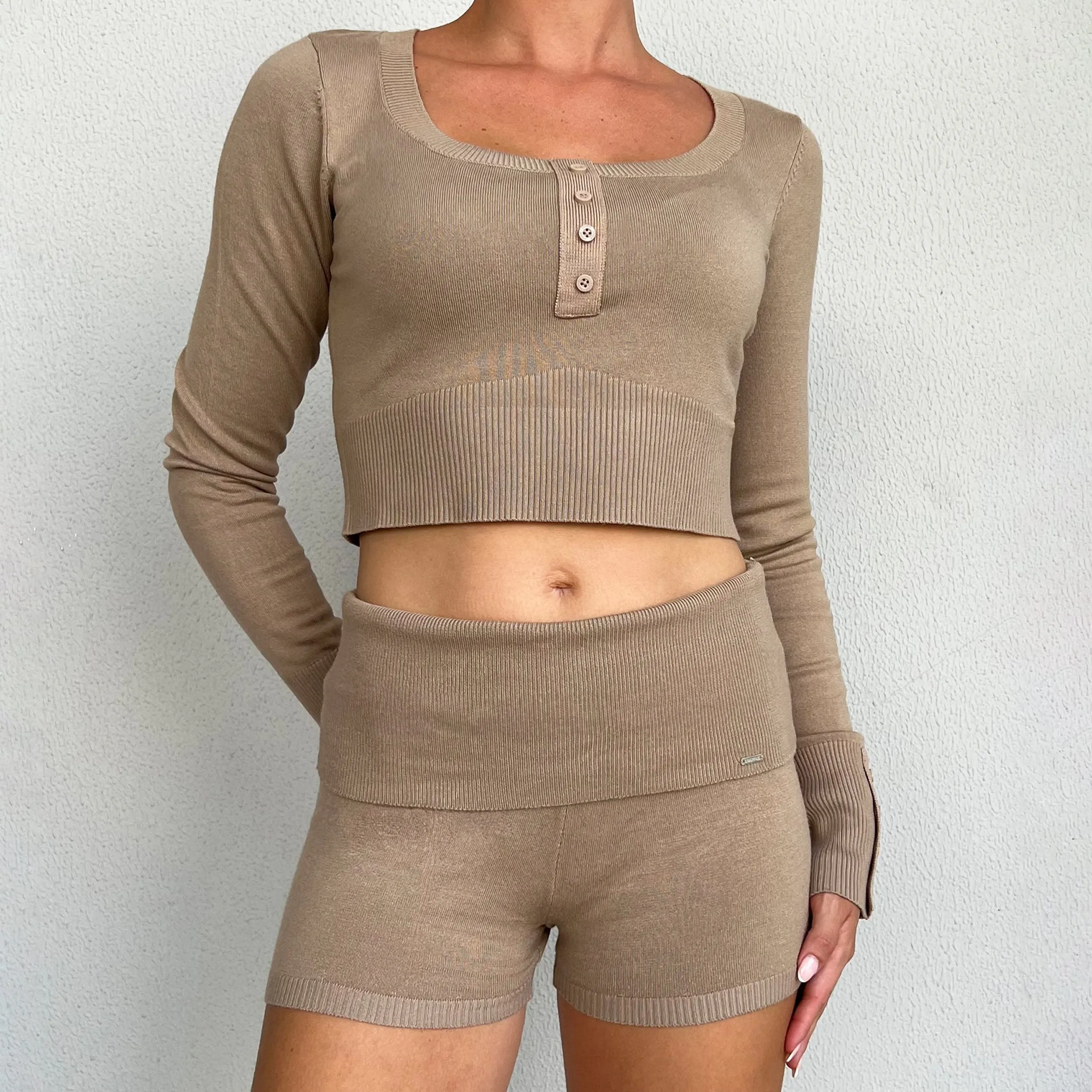 Short en Maille avec Taille Rabattue - Vison