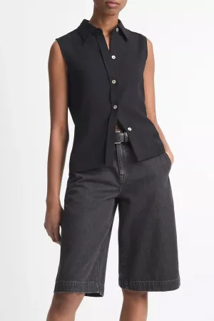 Sleeveless Button-Front Shirt in Black