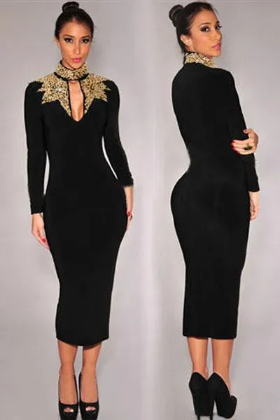 Spring Black Navy Gold Sequins Mock Neck novelty Design Midi Dress Plus size XL Long Sleeve women Winter dresses LC6908