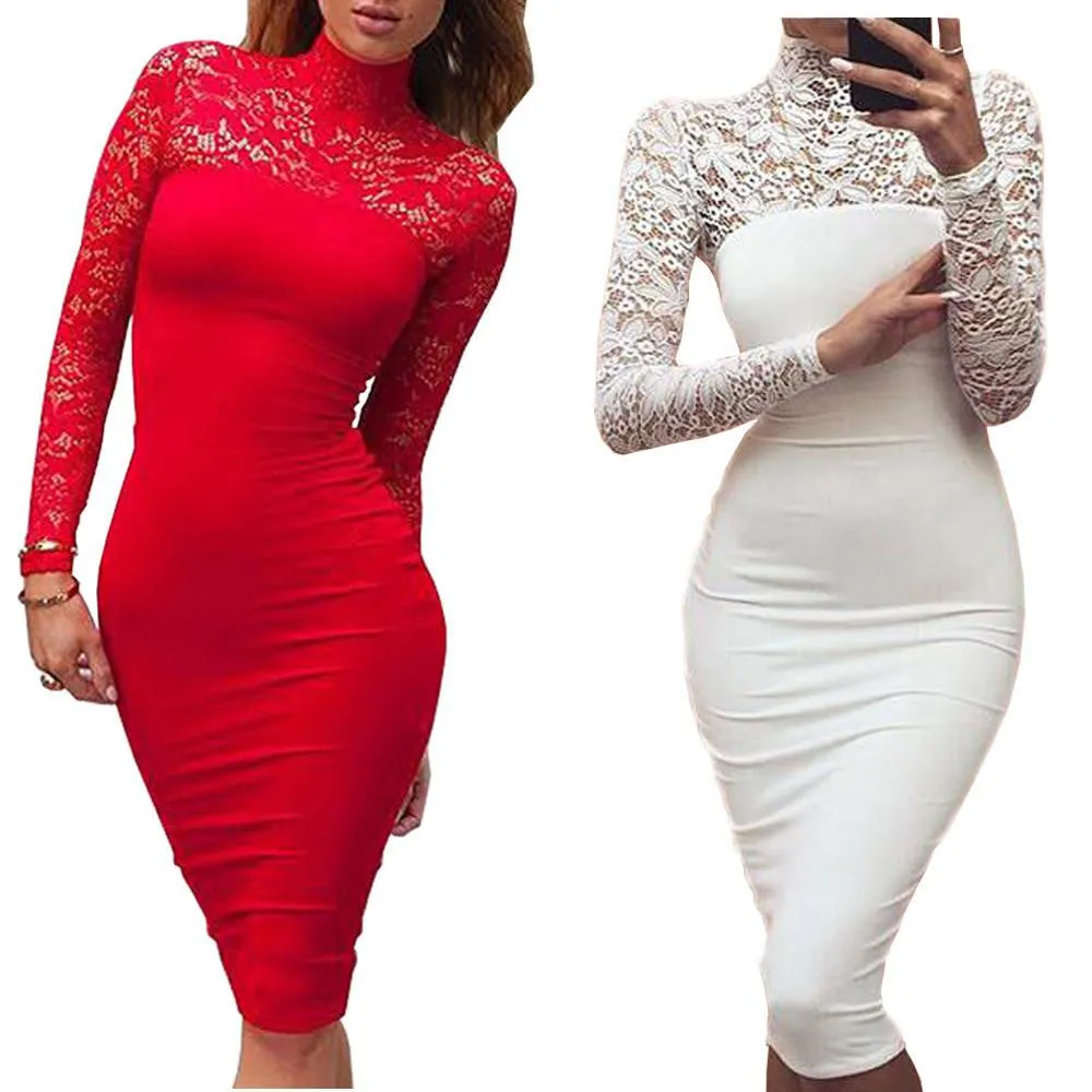 Turtleneck Long Sleeve Lace Midi Club Bandage Bodycon Dress Autumn White Red Black Women Elastic Elegant Party Dresses