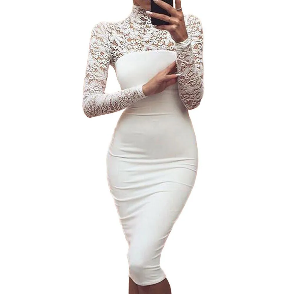 Turtleneck Long Sleeve Lace Midi Club Bandage Bodycon Dress Autumn White Red Black Women Elastic Elegant Party Dresses