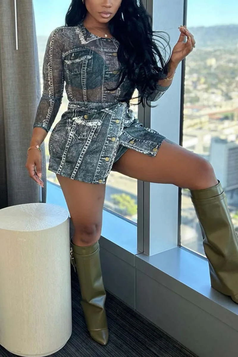 UI879 See-Through Bodysuit Top and Shorts Set