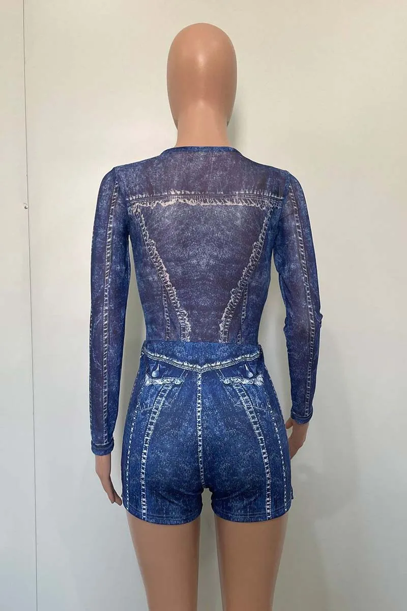 UI879 See-Through Bodysuit Top and Shorts Set