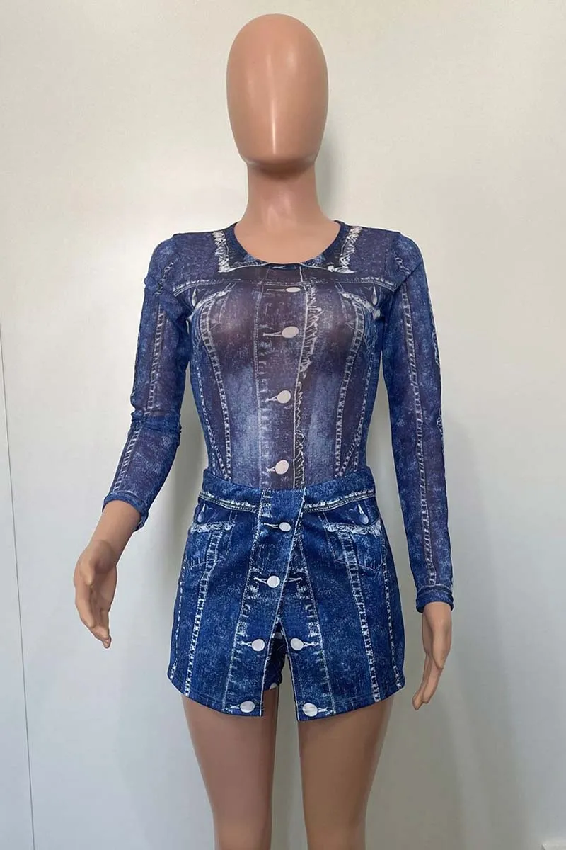 UI879 See-Through Bodysuit Top and Shorts Set