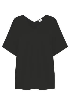 V-NECK LOW SHOULDER SHORT SLEEVE SILVERY BLOUSE BLACK