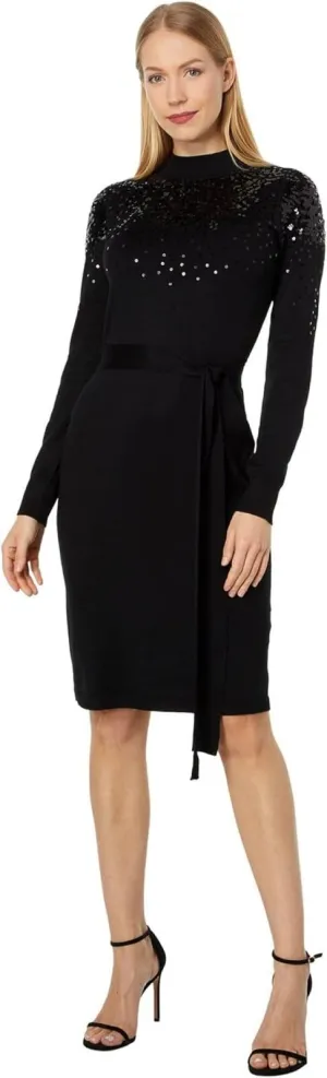 Vince Camuto Womens Sequin Embellished Turtleneck Midi Dress VC1M3244 Black M