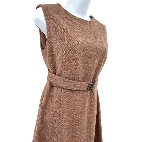 Vintage Pendleton Dress Wool Herringbone Belted Midi Sheath Sleeveless