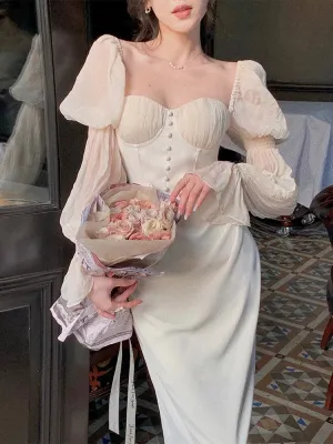 Vintage Puff Sleeve Midi Corset Dress