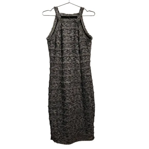 W by Worth Womens Black &amp; Silver Metallic Fringe Sheath Midi Cocktail Dress 4