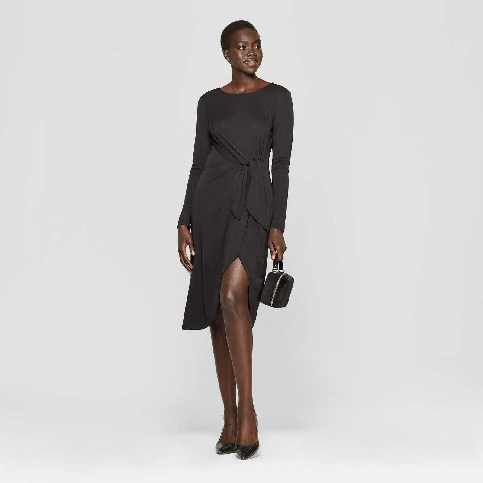 Who What Wear Women's Long Sleeve Wrap Tie Waist Scoop Knit Sheath Dress