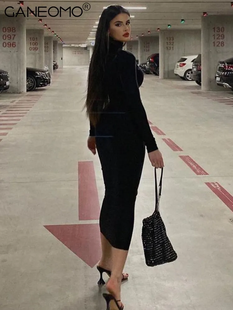Women Black Long Sleeve Bodycon Midi Party Dress