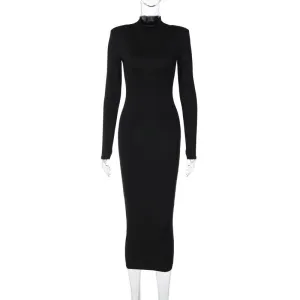 Women Black Long Sleeve Bodycon Midi Party Dress