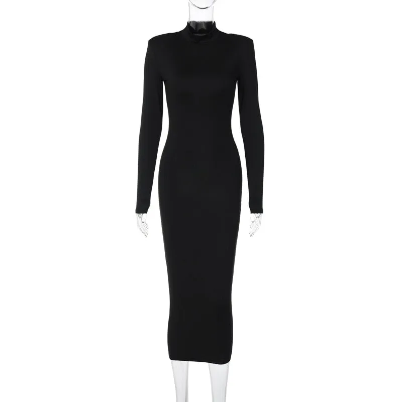 Women Black Long Sleeve Bodycon Midi Party Dress