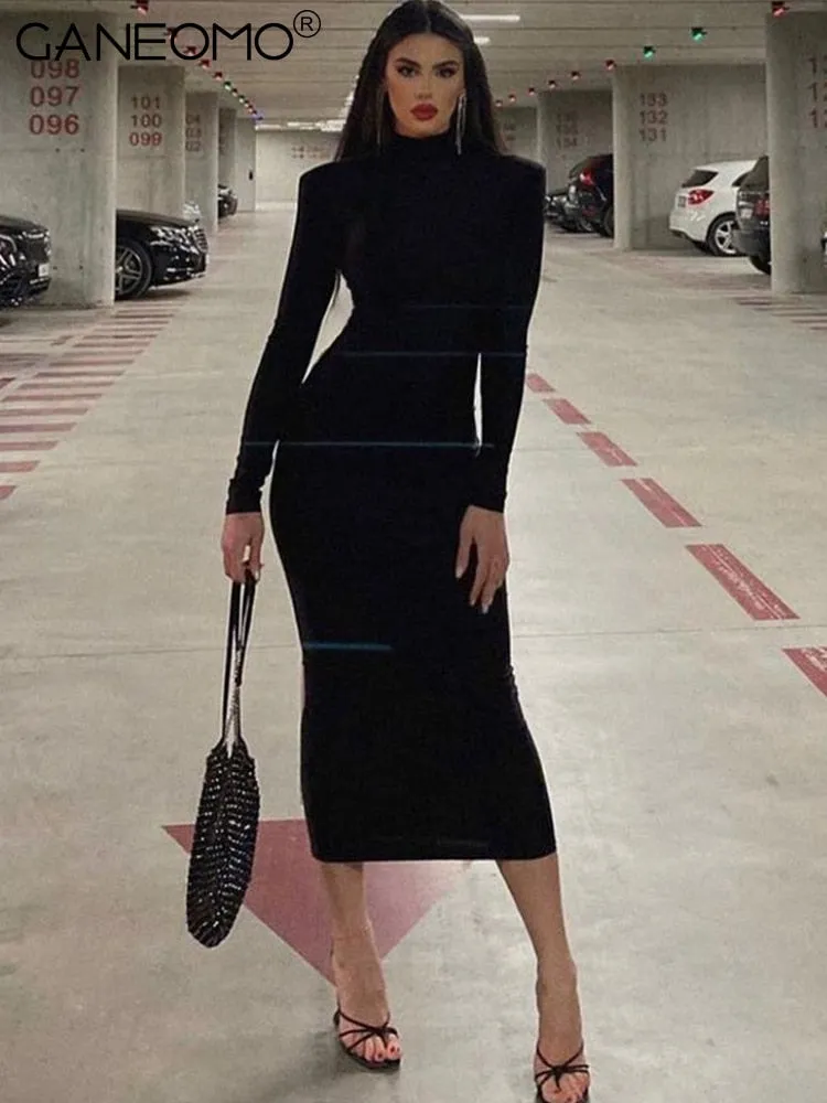 Women Black Long Sleeve Bodycon Midi Party Dress