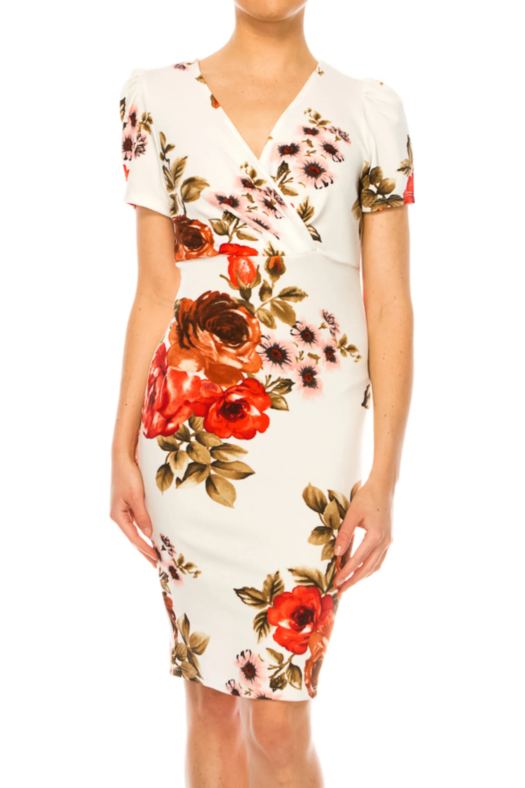 Women's Floral Sheath Dress with Deep V-Neckline and Puff Sleeves