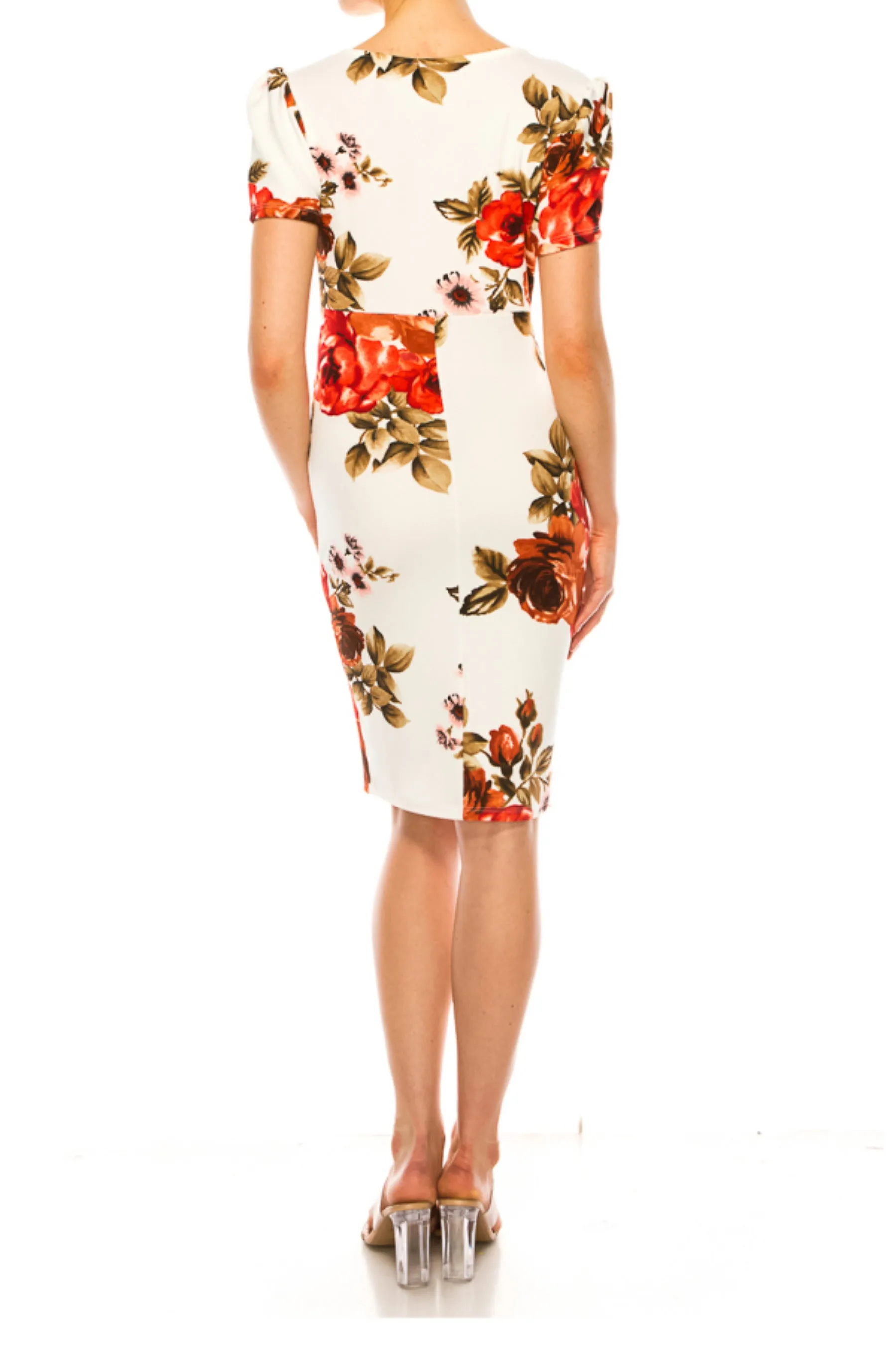 Women's Floral Sheath Dress with Deep V-Neckline and Puff Sleeves