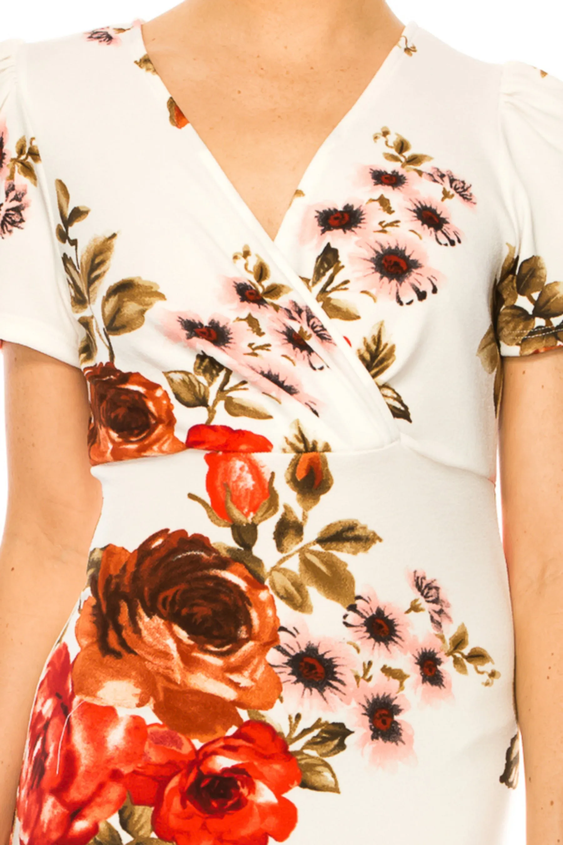 Women's Floral Sheath Dress with Deep V-Neckline and Puff Sleeves