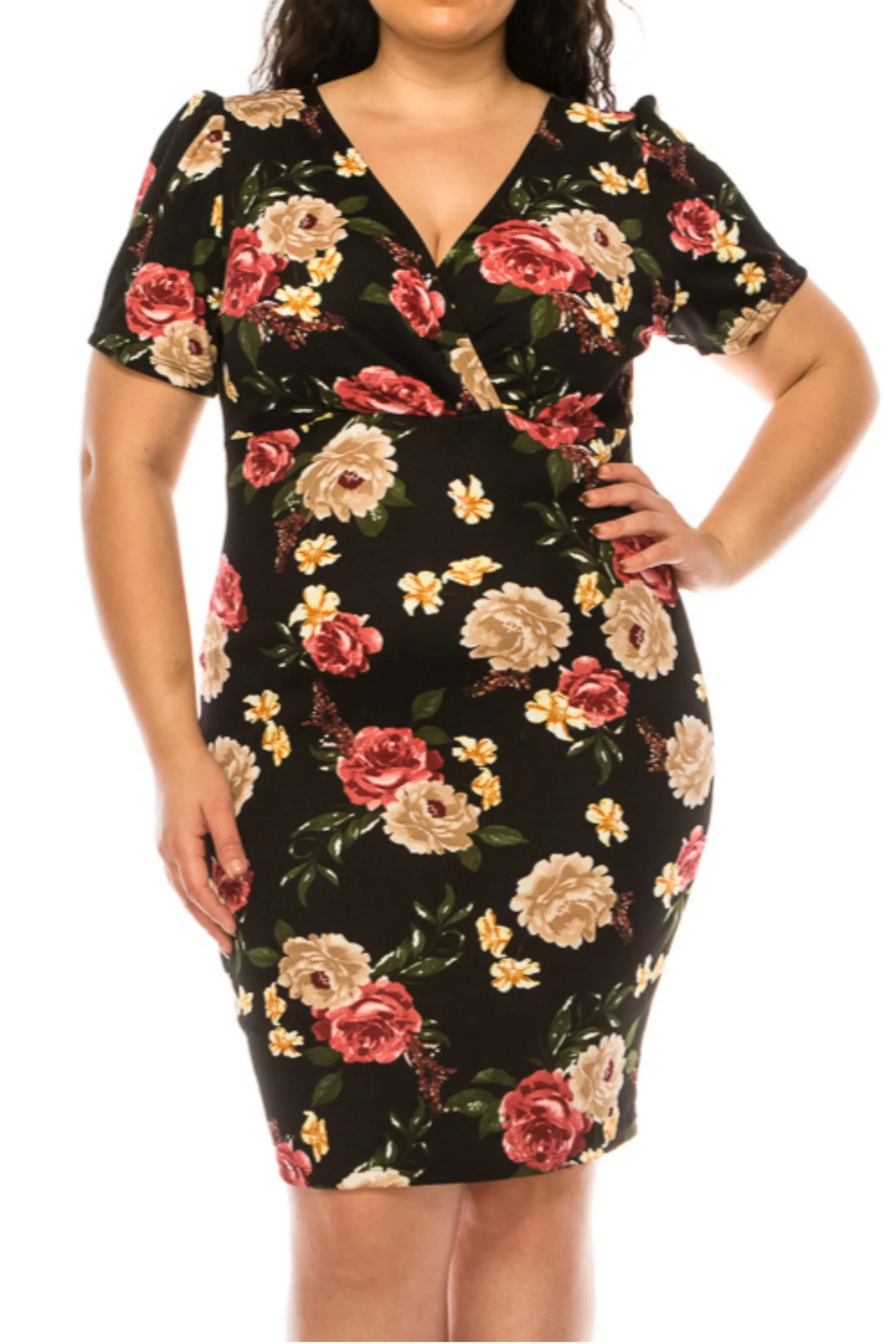 Women's Plus Size Floral Sheath Dress with Deep V-Neckline and Puff Sleeves