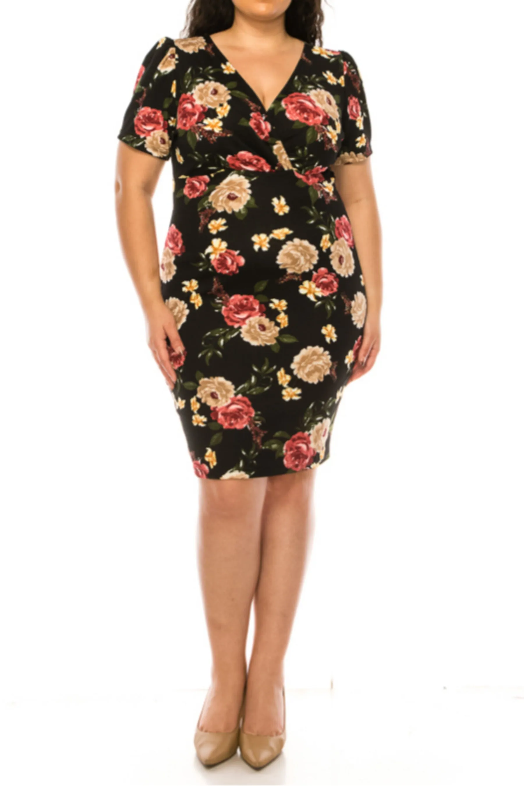 Women's Plus Size Floral Sheath Dress with Deep V-Neckline and Puff Sleeves