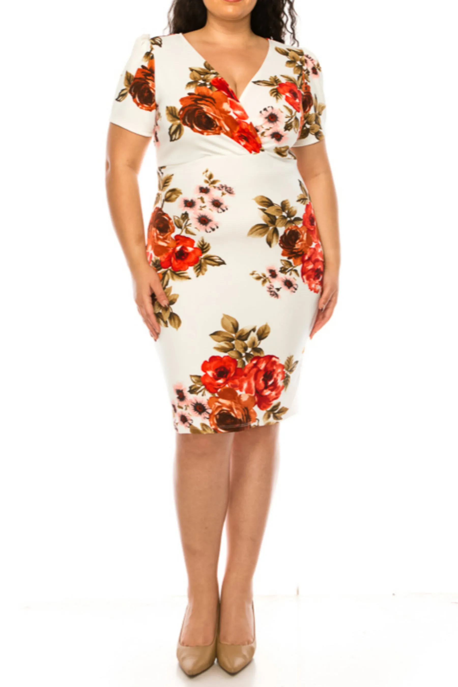 Women's Plus Size Floral Sheath Dress with Deep V-Neckline and Puff Sleeves