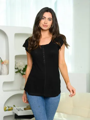 WOMEN'S SHORT SLEEVE WAFFLE FRONT BUTTON DETAIL TOP