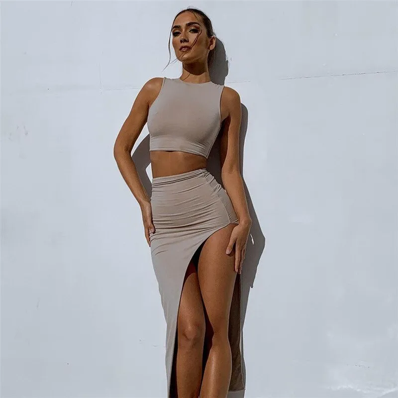 Wsevypo Crop Tank Tops and Long Slit Skirt