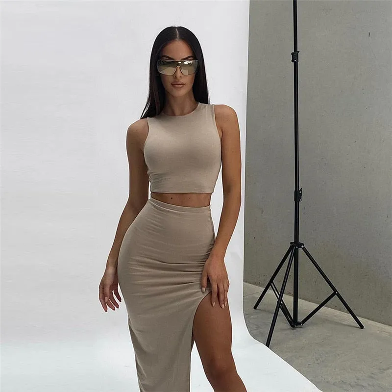 Wsevypo Crop Tank Tops and Long Slit Skirt