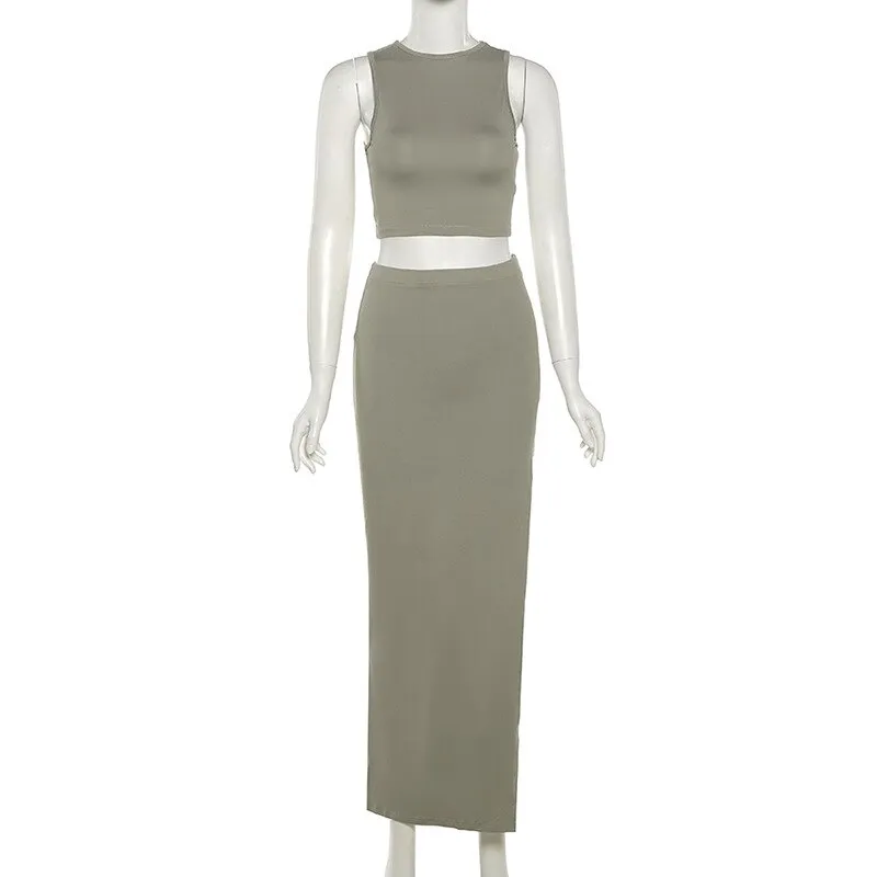 Wsevypo Crop Tank Tops and Long Slit Skirt