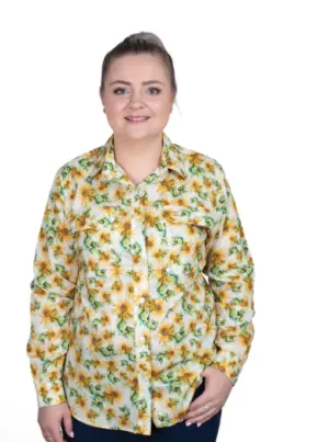 WWLS2519 Just Country Women's Abbey Frills Full Button Print Workshirt- Parchment Sunflowers