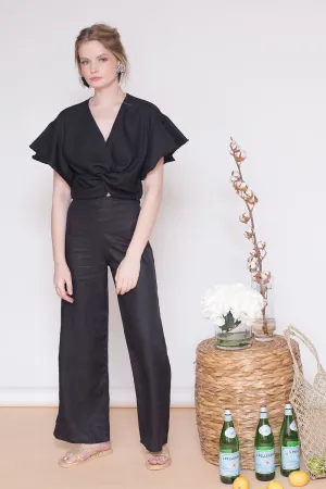 ZAMBIA PANTS SET Twist Front Top with Sleeves   Culottes (Black Linen)